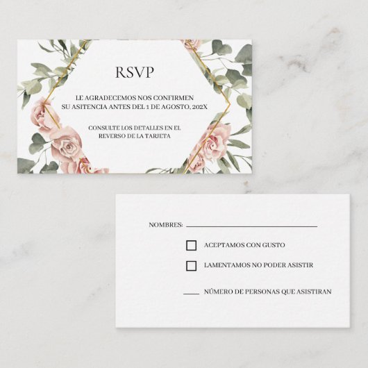 Cadre en or avec carte RSVP quinceañera rose (Devant / Derrière)