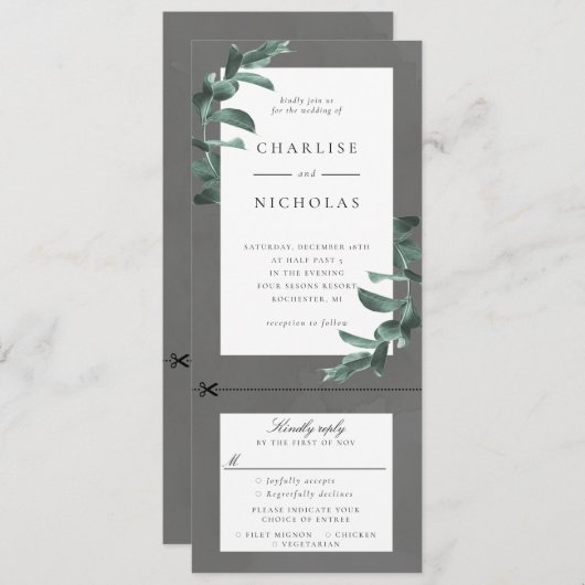 Cadre Eucalyptus sur faire-part de mariage gris av (Devant / Derrière)