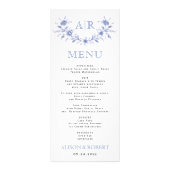 Cadre floral bleu avec carte menu mariage monogram (Devant)