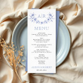 Cadre floral bleu avec carte menu mariage monogram