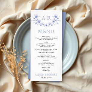 Cadre floral bleu avec carte menu mariage monogram
