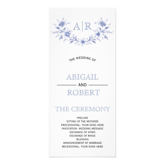 Cadre floral bleu avec programme de mariage monogr (Devant)