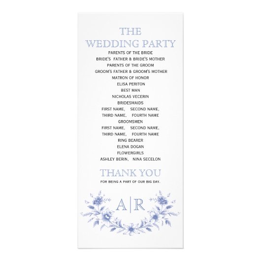 Cadre floral bleu avec programme de mariage monogr (Dos)