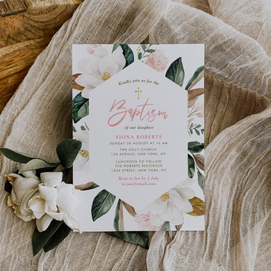 cadre floral magnolia invitation baptisée