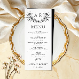 Cadre floral noir avec carte menu mariage monogram