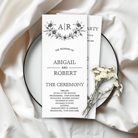 Cadre floral noir avec programme de mariage monogr