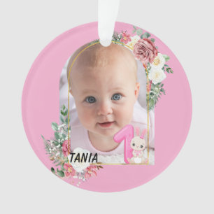 Cadre floral rose bébé fille Premier Noël
