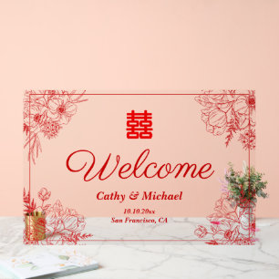 Cadre floral rouge de mariage chinois oriental de