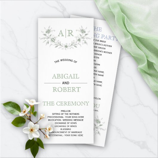 Cadre floral vert avec programme de mariage monogr