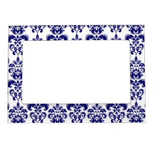 Cadre Magnétique Pour Photo Bleu marine, motif vintage blanc 2 de damassé