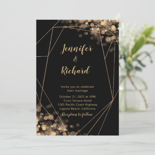 Cadre noir et or avec Bokeh Lights Invitation (Debout devant)