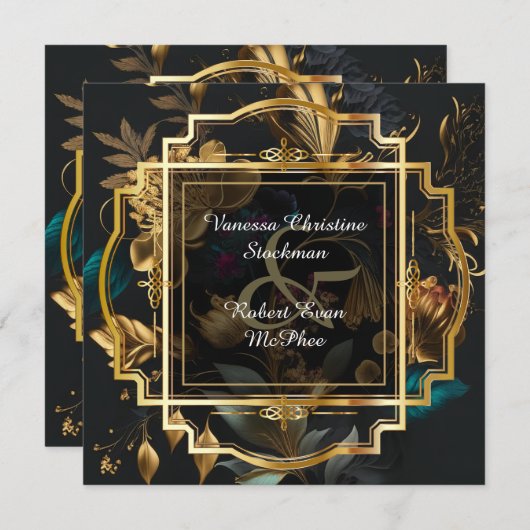 Cadre Or avec Faire-part de mariage Fleurs (Devant / Derrière)