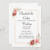 Cadre or et faire-part de mariage florale rose (Devant / Derrière)