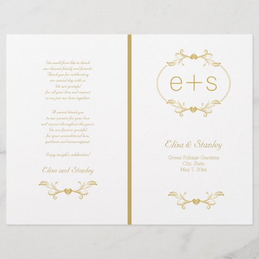 Cadre or et initiales programme de mariage plié (Devant)