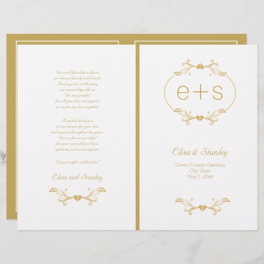 Cadre or et initiales programme de mariage plié (Devant / Derrière)