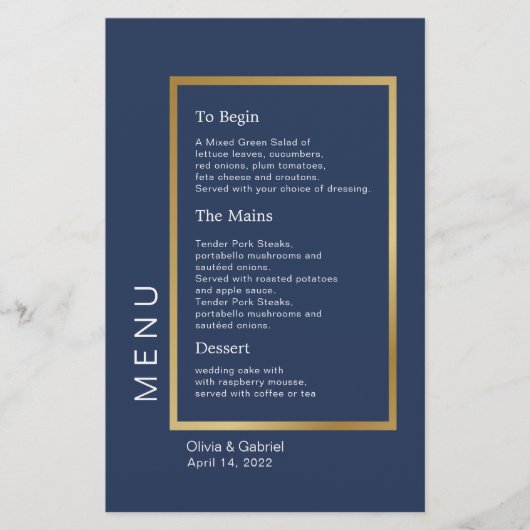 Cadre Or. Menu simple bleu marine mariage (Devant)
