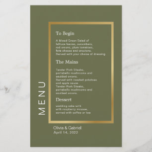Cadre Or. Menu simple et classique de mariage vert