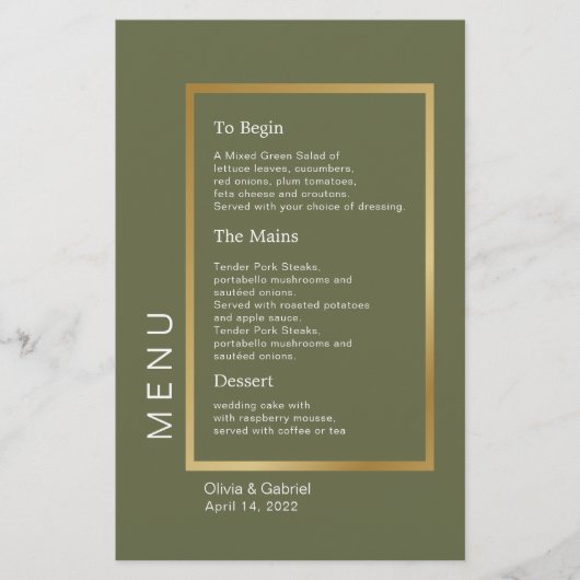 Cadre Or. Menu simple et classique de mariage vert (Devant)