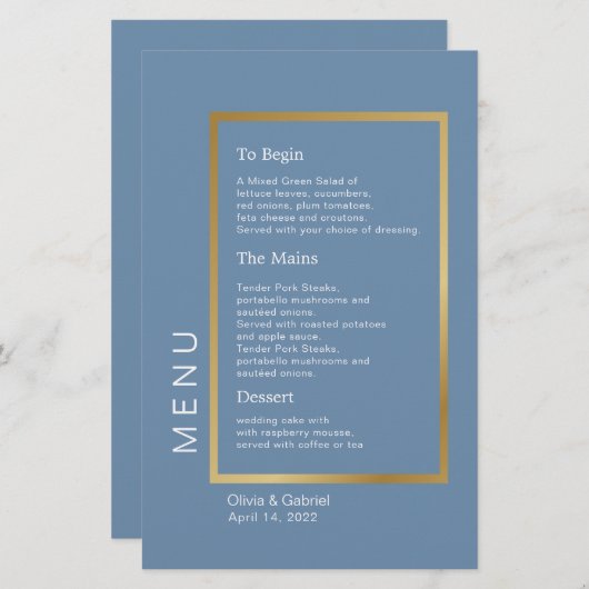 Cadre Or. Menu simple et formel bleu mariage (Devant / Derrière)