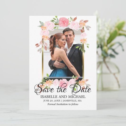 Cadre Or & Roses Rose Enregistrer le Carte photo D (Debout devant)