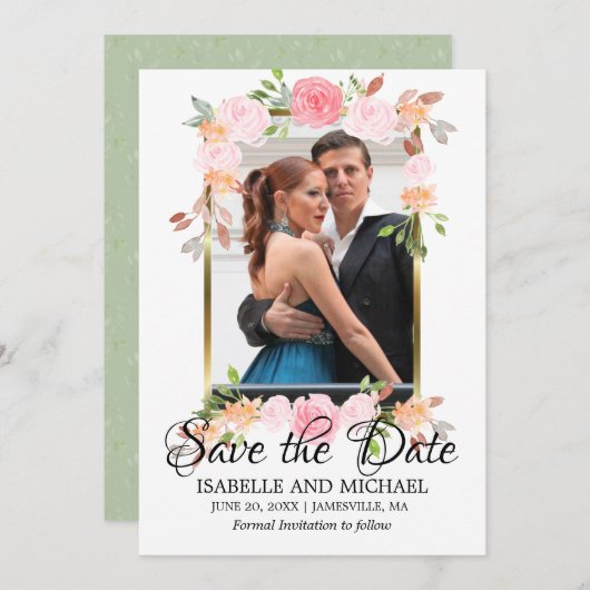 Cadre Or & Roses Rose Enregistrer le Carte photo D (Devant / Derrière)