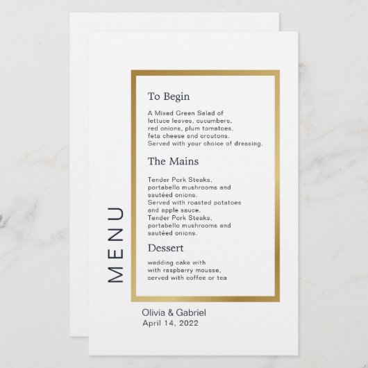 Cadre Or. Simple Typographie classique menu mariag (Devant / Derrière)