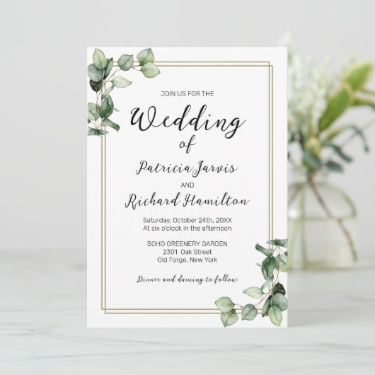 Cadre Or Verdure Élégant Mariage Invitation (Debout devant)