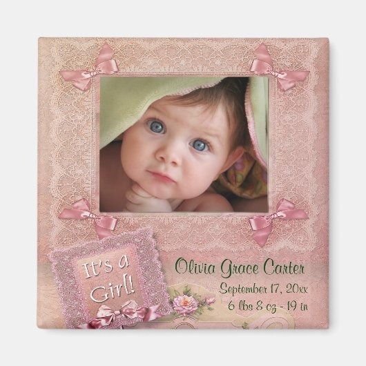 Cadre photo bébé fille rose aimants de naissance (Devant)