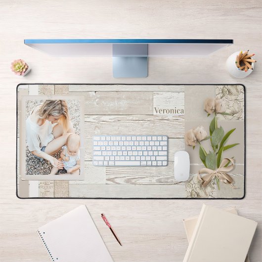 Cadre photo & Fleurs enrobées de ruban sur bois bl