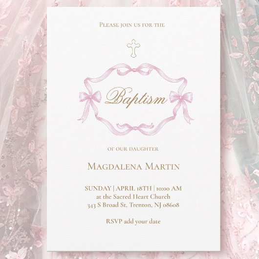 cadre ruban rose | Invitation au baptême