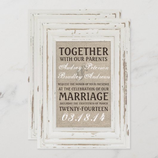 Cadre rustique blanc et Faire-part de mariage Burl (Devant / Derrière)