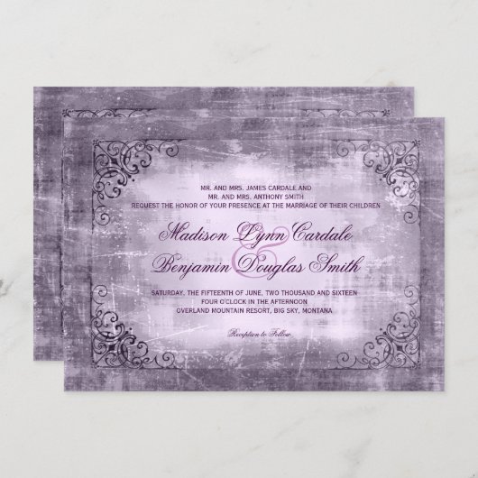 Cadre Vintage rustique Purple Mariage Invitations (Devant / Derrière)