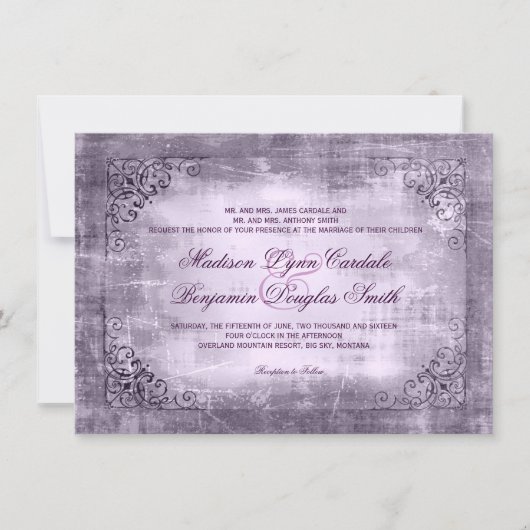 Cadre Vintage rustique Purple Mariage Invitations (Devant)