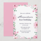 Cadres floraux roses invitations à 81e anniversair (Devant / Derrière)