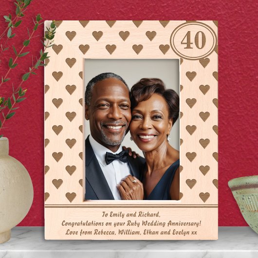 Cadres Gravés Cœurs Rubis Anniversaire de Mariage 40 ans Texte P