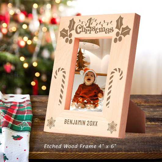 Cadres Gravés First Christmas Holly, Sucres de canne, Afficher l