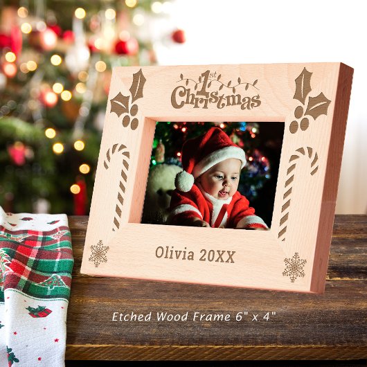 Cadres Gravés First Christmas Holly, Sucres de canne, Afficher l