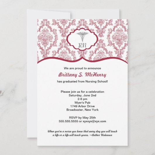 Caduceus Damask Burgundy Nurse afstuderen RN BSN Kaart (Voorkant)