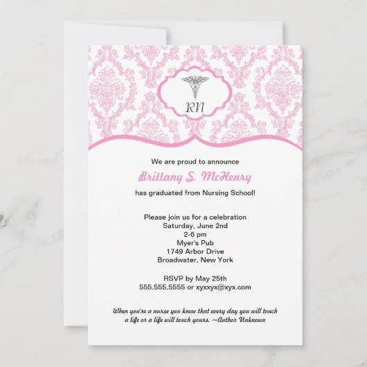 Caduceus Damask roze Nursing school afstuderen RN Kaart (Voorkant)