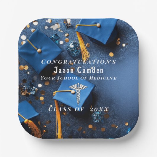 Caduceus Elegant Goud Wit Navy Blauw Afstuderen Papieren Bordje (Voorkant)