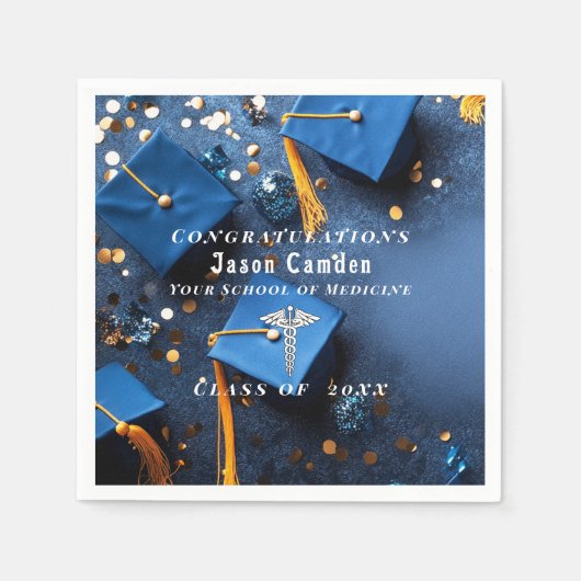 Caduceus Elegant Goud Wit Navy Blauw Afstuderen Servet (Voorkant)