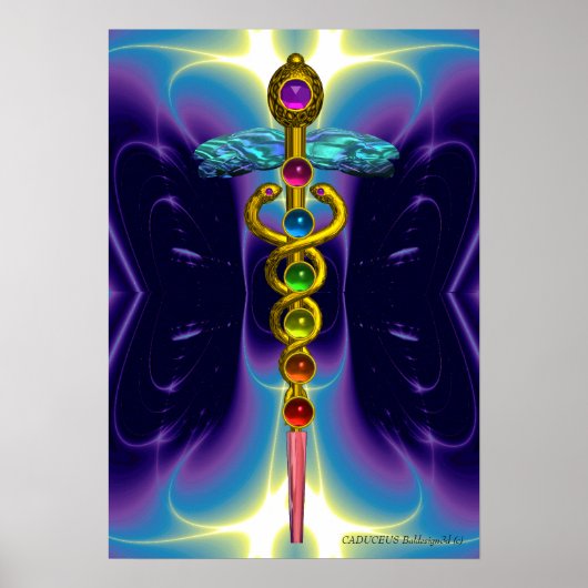 CADUCEUS EN 7 CHAKRA'S , trillend goud ametist Poster (Voorkant)