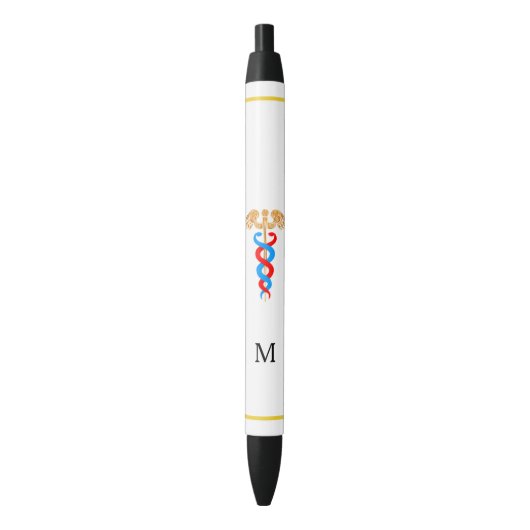 Caduceus en Monogram op witte achtergrond Zwarte Inkt Pen (Voorkant Verticaal)