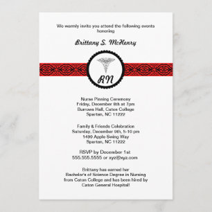 Caduceus Infirmière Invitation de diplôme Noir et