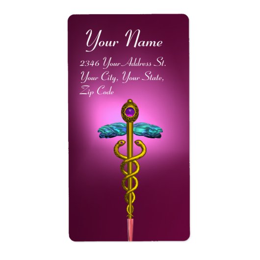 CADUCEUS, levendig goudvormig violet roze paars Etiket (Voorkant)