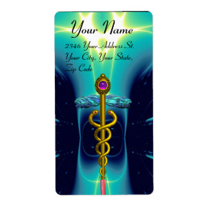 CADUCEUS, levendige goudamethist, blauwe turquase Etiket