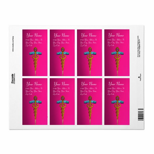 CADUCEUS, levendige goudkleurige violetroze fuchsi Etiket (Full Sheet)