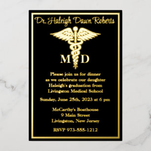 Caduceus Medical School Afstuderen, Black/Gold Folie Uitnodiging