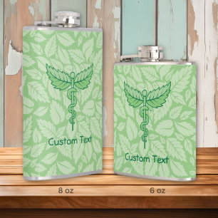 Caduceus met Bladeren Achtergrond Fles Heupfles