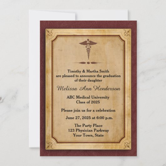 Caduceus, Parchment, Medical Afstuderen Annoucemen Kaart (Voorkant)